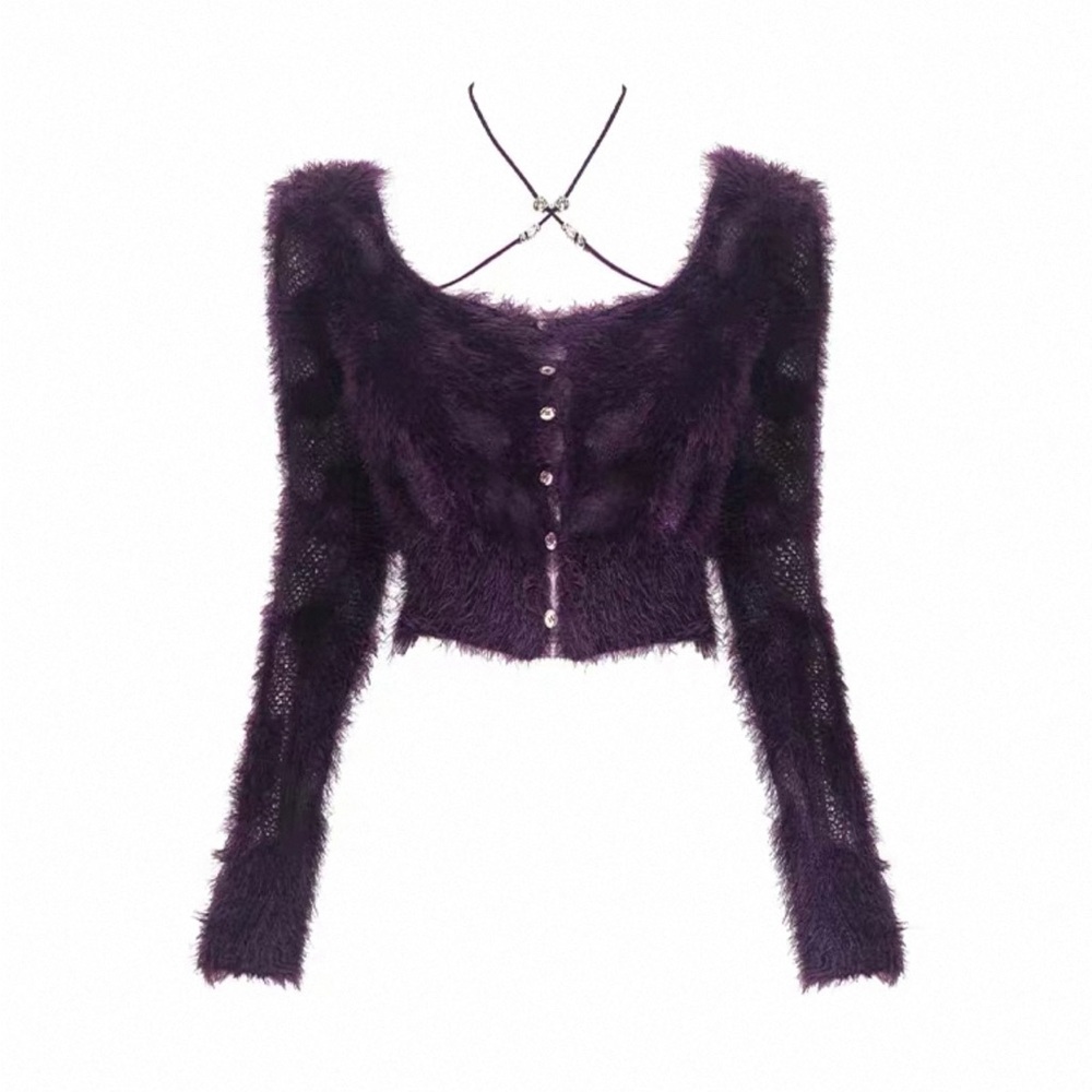 Fuzzy Cropped Button-Front Cardigan in Deep Plum